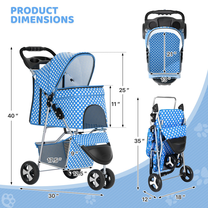 Sky Blue Polka Dot Foldable Pet Stroller with Storage