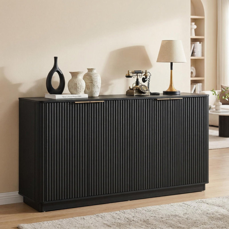 Modern 4-Door Fluted Storage Cabinet, Wood Accent Sideboard With Gold Handles, Freestanding Console Table, Black