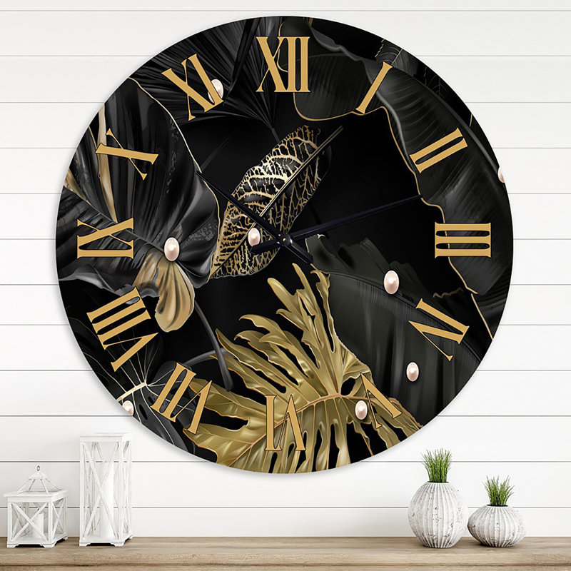 Feuilles tropicales noires et dorées III - Horloge murale moderne, Grand