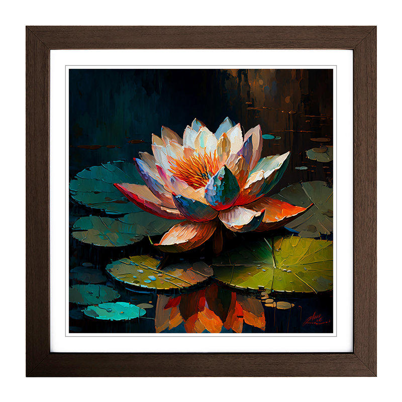 Lotus Flower Palette Knife Painting No.2 - Framed Print, Walnut