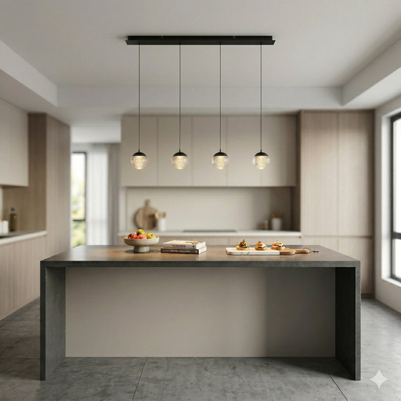 Luminaire suspendu linéaire à 4 lumières pour îlot de cuisine avec détails en cristal Heatherly, Noir, noir, noir, noir