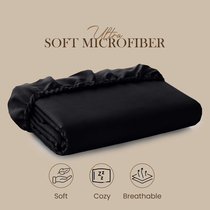 25cm Deep Pocket Fitted Sheet - Soft Microfiber Elasticated Bed Sheet Bottom, Black, Single (3')