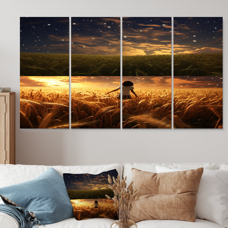 «Magical Sky Over The Golden Wheatfield - Meadow», ensemble d'art mural 4 pièces, H 28 po x l 48 po