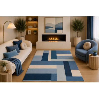 Tapis ultra-léger à motif géométrique de 5 pi x 7 pi «Ultra Léger» bleu marine, bleu ciel, crème et linéaire pour salle à manger
