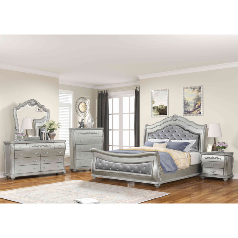 Silver Traditional 3-Drawer Night Stand with Metal Pulls