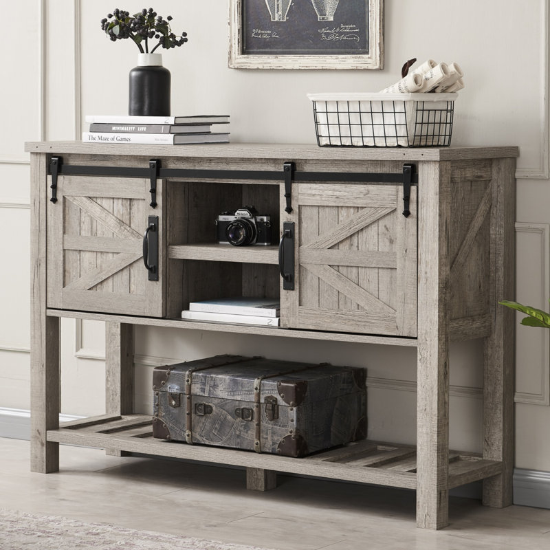 Table d'entrée de style ferme de 46 po Nyx, console en bois avec portes de grange coulissantes et tablette réglable, table de canapé pour le couloir, entrée, salon, vestibule