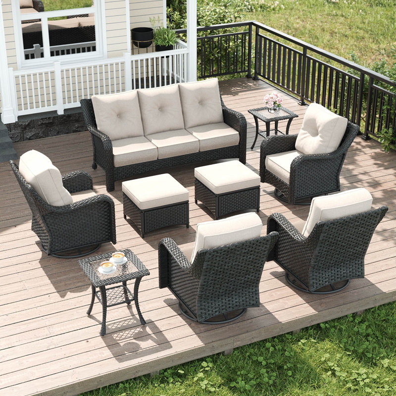  9 Piece Wicker Outdoor Furniture Set with 6-inch Comfy Cushions, High Back Patio Furniture Set with Swivel Rocking Chairs and Side Table