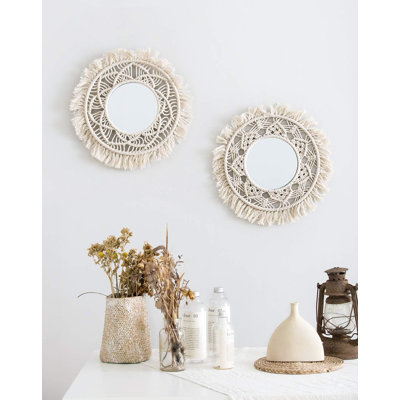 Miroir mural suspendu avec frange en macramé, ensemble de 2 petites décorations rondes, miroir antique bohème pour appartement, chambre à coucher, chambre de bébé