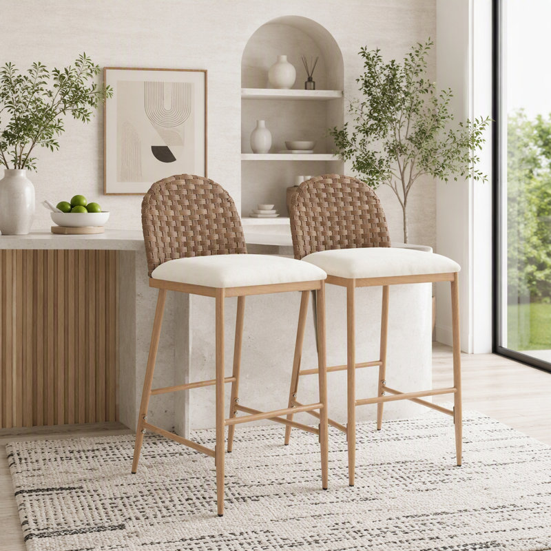 Tabouret de bar Farmhouse avec dossier en rotin tissé à la main, H 40,1 po - tissu beige / brun