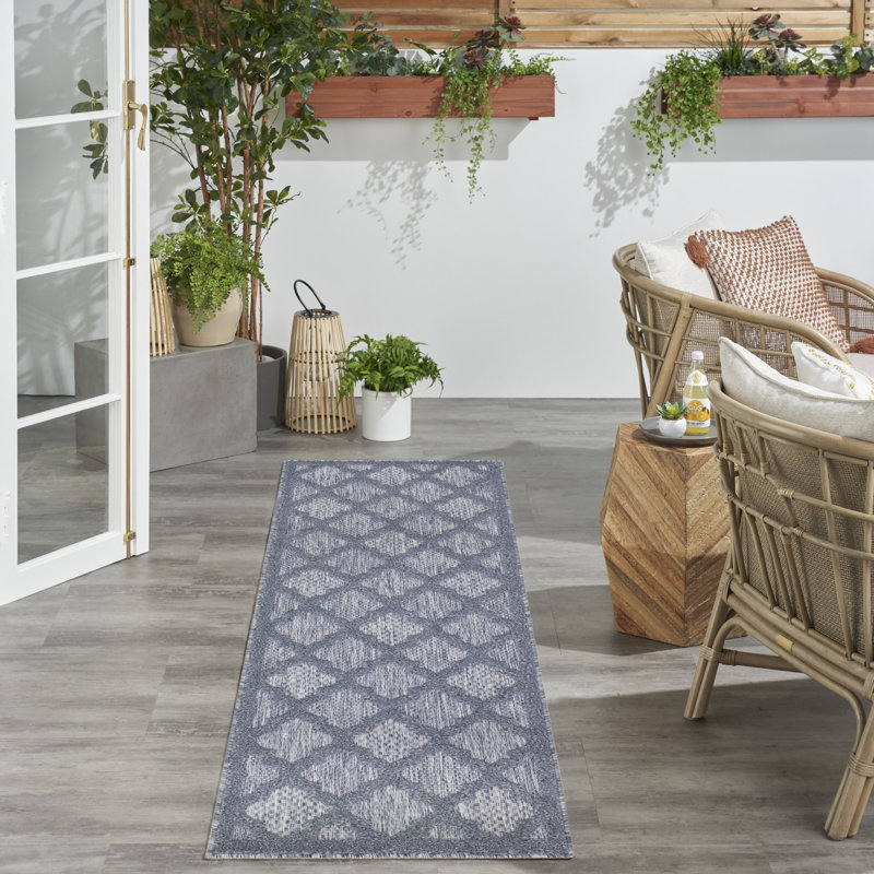 Adianey Red Barrel Studio Easy Care Trellis Denim Blue Indoor/Outdoor Area Rug, Runner 2' x 6'