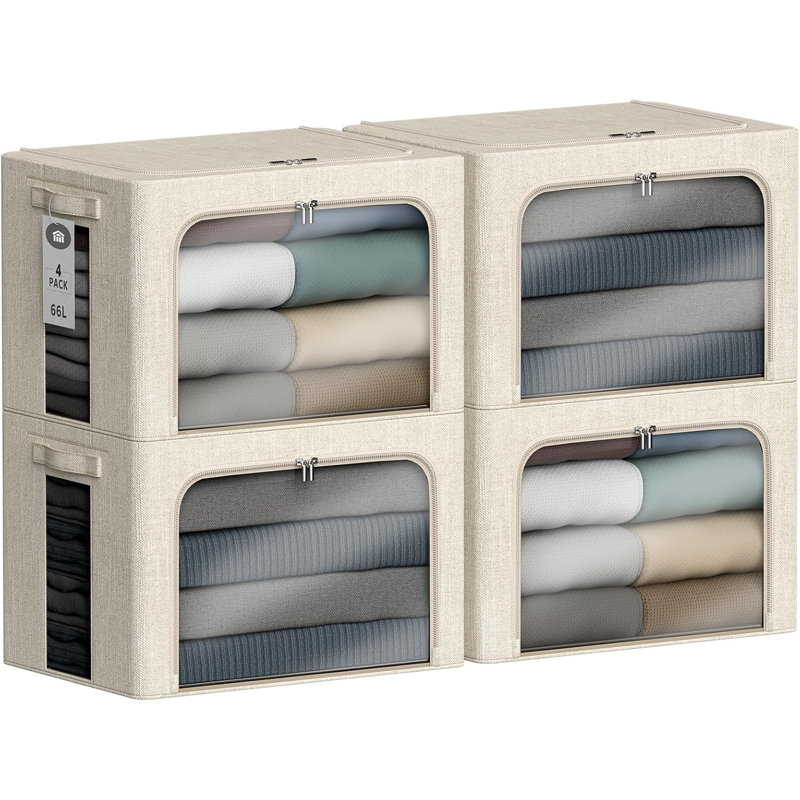 4 Pack Stackable Clothes Storage Bins With Metal Frame And Lids - Foldable Fabric Storage Containers With Clear Windows, Zippers & Handles For Home Organization