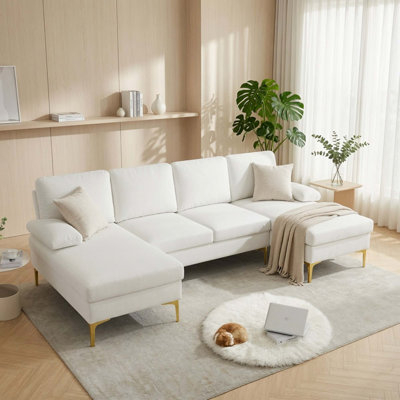 Canapé d'angle en velours en forme de U avec méridienne double confortable