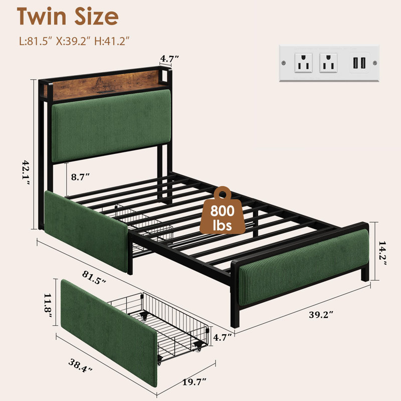 Structure de lit simple vert avec 2 tiroirs de rangement et station de charge, tête de lit tapissier en velours côtelé, support à lattes de bois, aucun sommier nécessaire