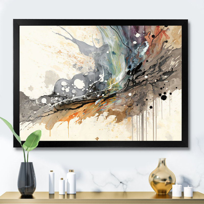 «Jazz Rhythms In Shades Of Grey III», art abstrait à l'encre liquide, Cadre simple noir, H 12 po x l 20 po x P 1 po