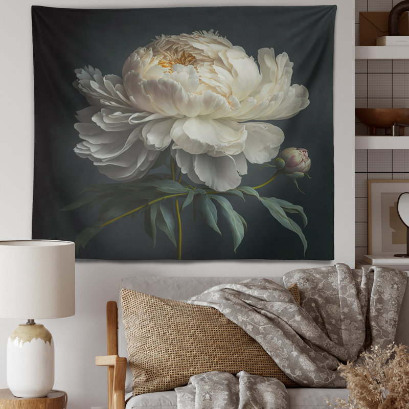 Tapisserie V pivoine blanche en polyester, H 32 po x l 39 po