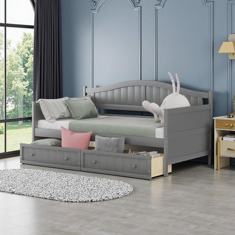 Canapé-lit simple en bois avec 2 tiroirs, structure en pin massif, aucun sommier nécessaire - gris, Gris