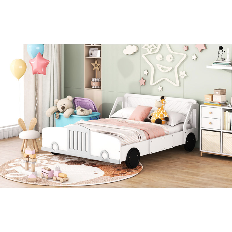Lit de voiture pleine grandeur blanc avec roues - Contreplaqué pour un repos paisible et confortable Roues en forme de voiture, lieu de repos