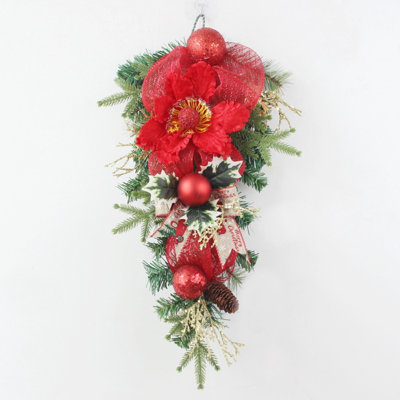 Ornement de Noël artificiel en forme de goutte, aiguilles de pin poinsettia de 23,6 po avec ornements en forme de boule, baies et couronne de larme en forme de pomme de pin pour porte d'entrée fenêtre de Noël porte d'escalier décorations de Noël
