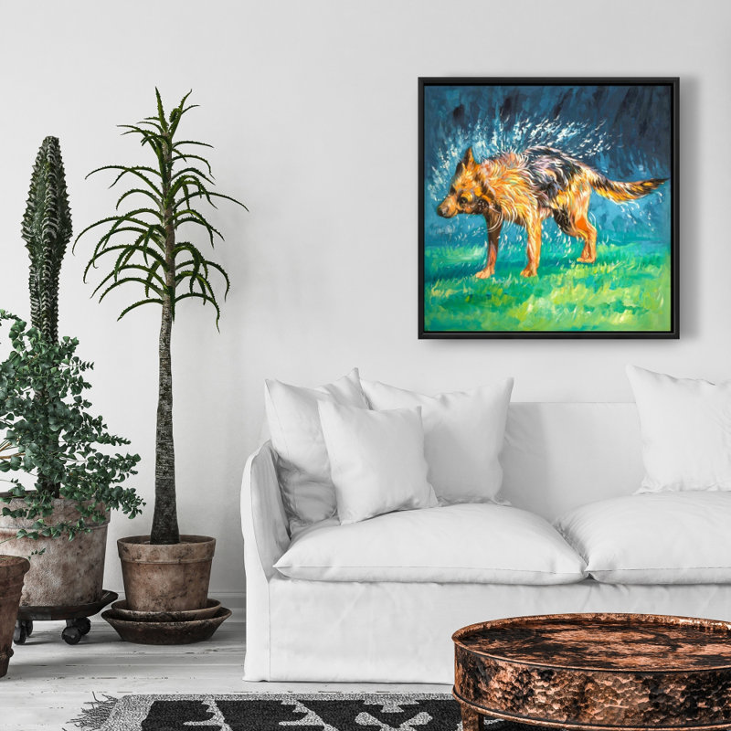 Toile encadrée bleue avec animaux de compagnie contemporains, berger allemand humide