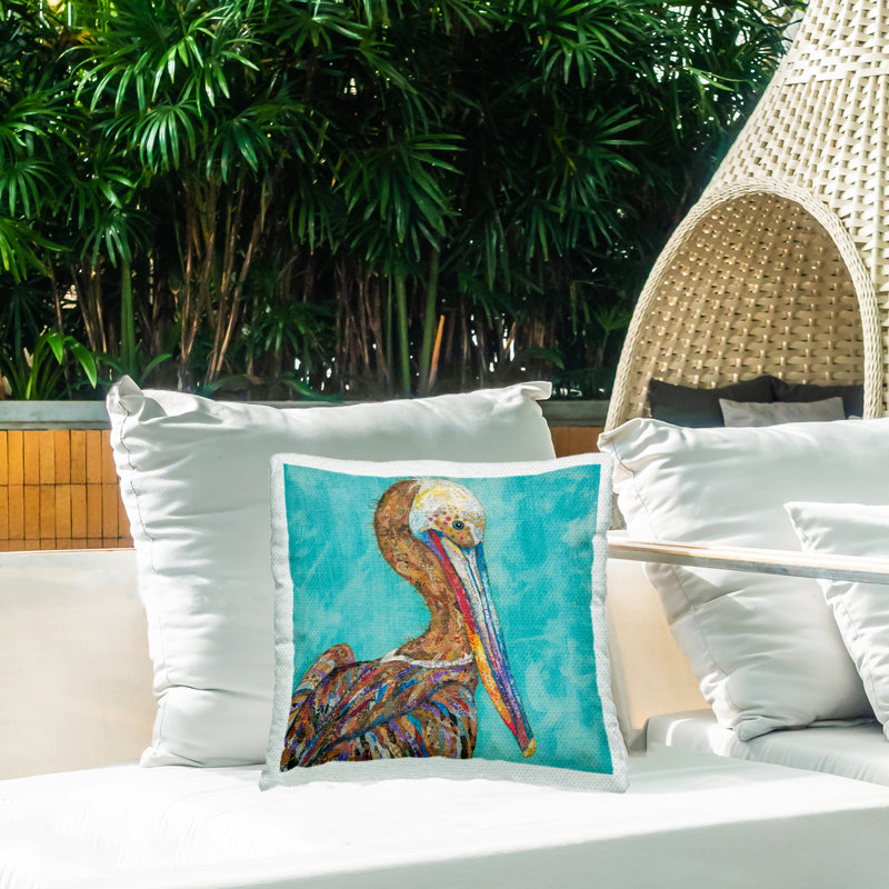 Coussin extérieur à imprimé abstrait Pelican Bird Collage par Lisa Morales