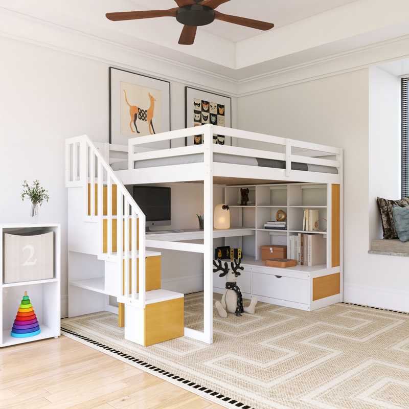 Full Size Wood Frame Loft Bed With Storage Staircase, Natural/White