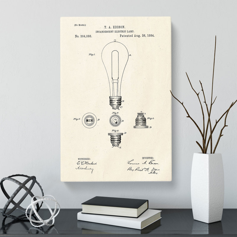 Light Bulb Patent - Wrapped Canvas, 91cm H x 60cm W x 3cm D