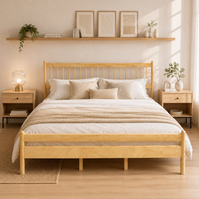 King Size Farmhouse Pinewood Platform Bed Frame with Vertical Slat Spindle Headboard,Solid Wood Slat Support,No Box Spring Needed