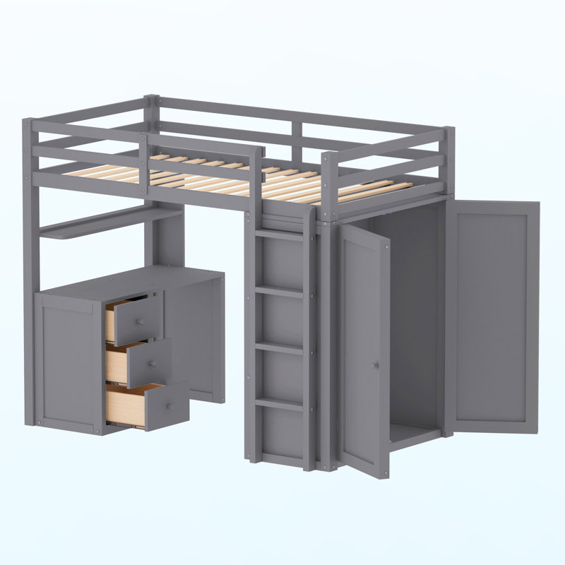 Gerrilyn Kids Twin Loft Bed with Drawers, Gray