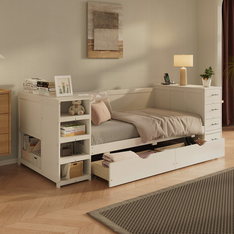 Wooden Daybed with Side Shelves and Drawers, Storage Bed with Multi-Functional Desk and Charging Station