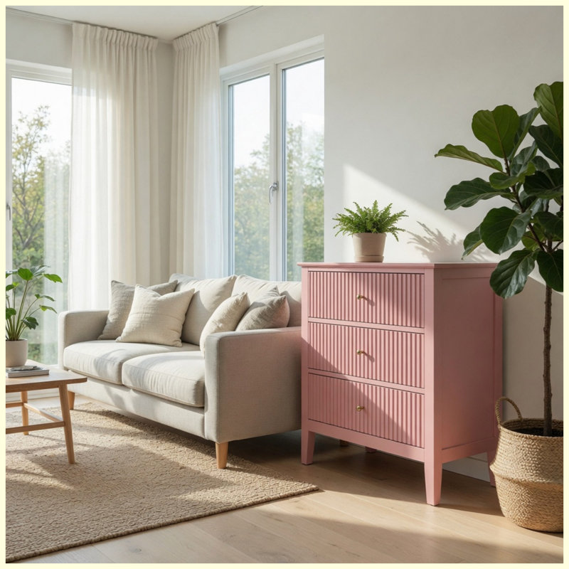 Grande table de bout moderne avec rangement à 32 tiroirs cannelés de 32 po de largeur, Pink