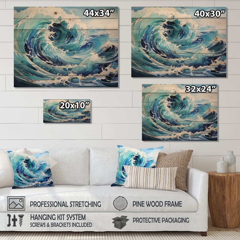 Blue Wave, tempête de mer, art sur bois de pin naturel, H 30 po x l 40 po