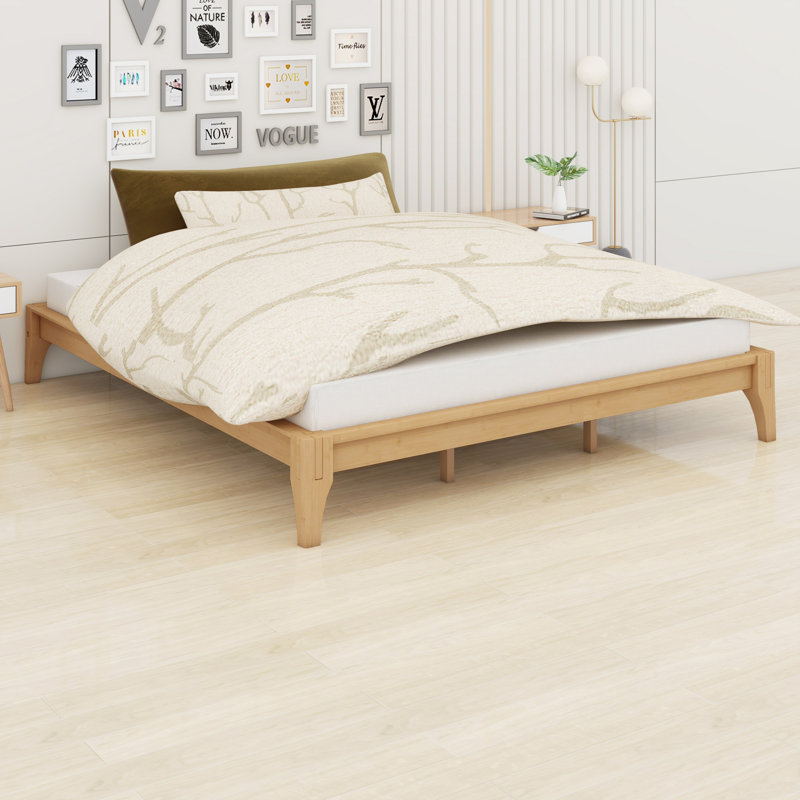 Structure de lit plateforme en bois classique, système de support à lattes en bois stable, aucun sommier requis, Naturel