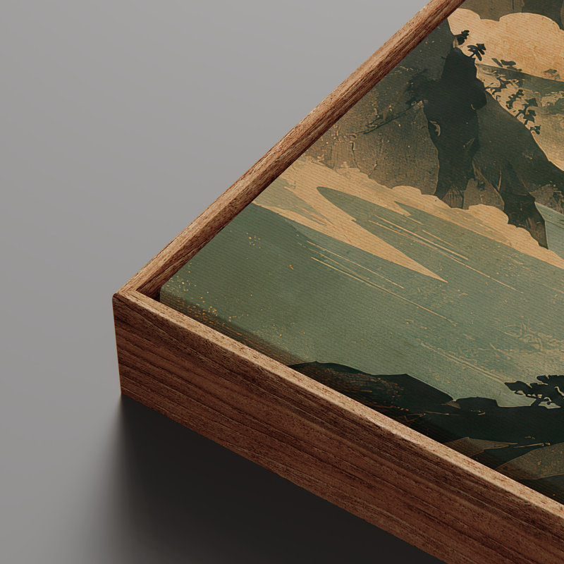 Art mural encadré - Paysage de montagne rétro avec soleil levant et rivière brumeuse - 16 po x 24 po, 24 po x 36 po, Natural