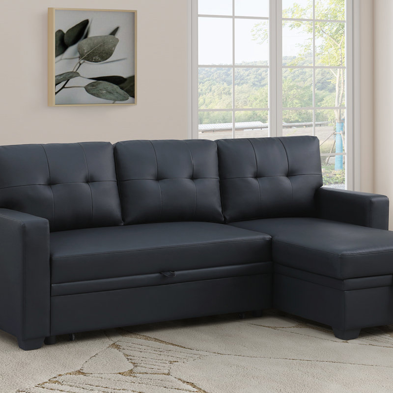 Convertible Upholstered Sectional Sofa with Pull-out Chaise, Right Hand Facing, Black Linen