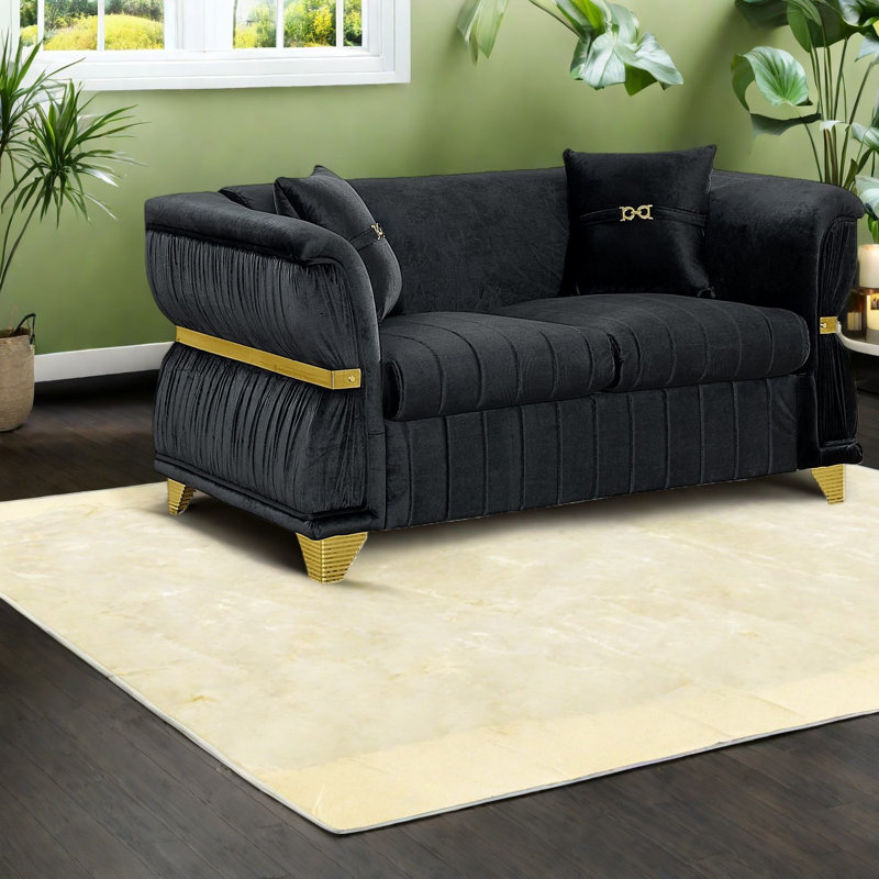 Causeuse Modern Sofas, velours noir 61,8 pouces, garniture en métal doré pour la maison