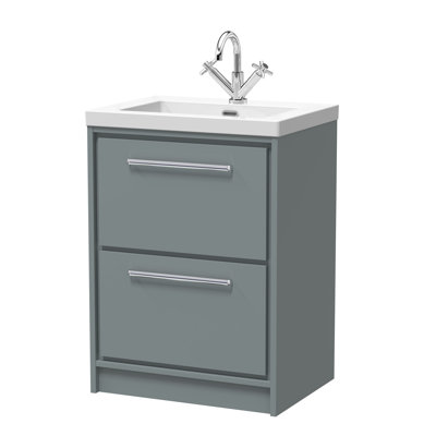Hudson Reed Lille 600mm Fern Green 2 Drawer  Floor Standing Vanity Unit With 1 Tap Hole Fireclay Basin