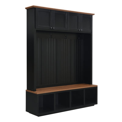59''W Entryway Hall Tree with Bench and Storage, Farmhouse Wood-grain Accent 4-in-1 Hall Tree with Cabinets, Coat Racks and Hooks