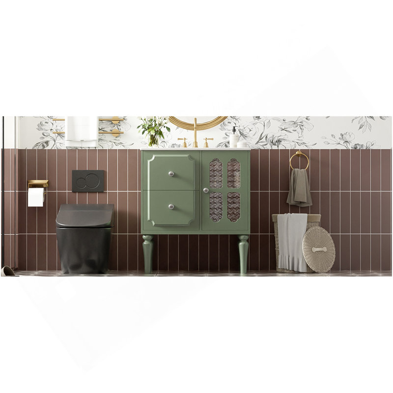 Ensemble de meuble-lavabo de style rétro avec lavabo en céramique 30 po, meuble-lavabo simple autoportant avec 2 tiroirs, armoire de rangement à cadre en bois, vert