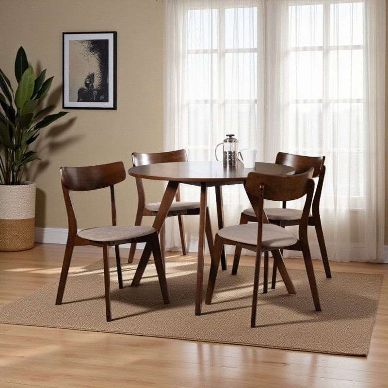 Elle 5-Piece Light Beige Fabric Upholstered & Brown Finish Dining Set, 29.23" H X 39.18" W X 39.18"D, Beige