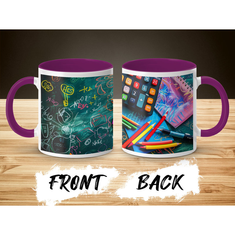 Kids Drawing Style 11oz Accent Mugs – Ceramic Coffee Cup with a Purple Handle and Interior