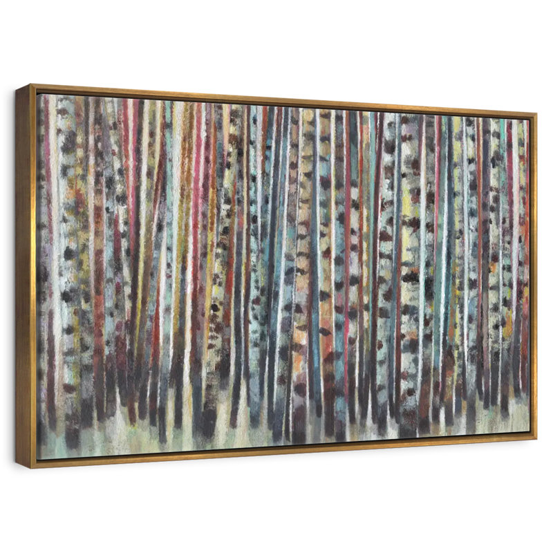 Forêt de bouleaux peinte, 46 po x 31 po, Cadre flottant doré
