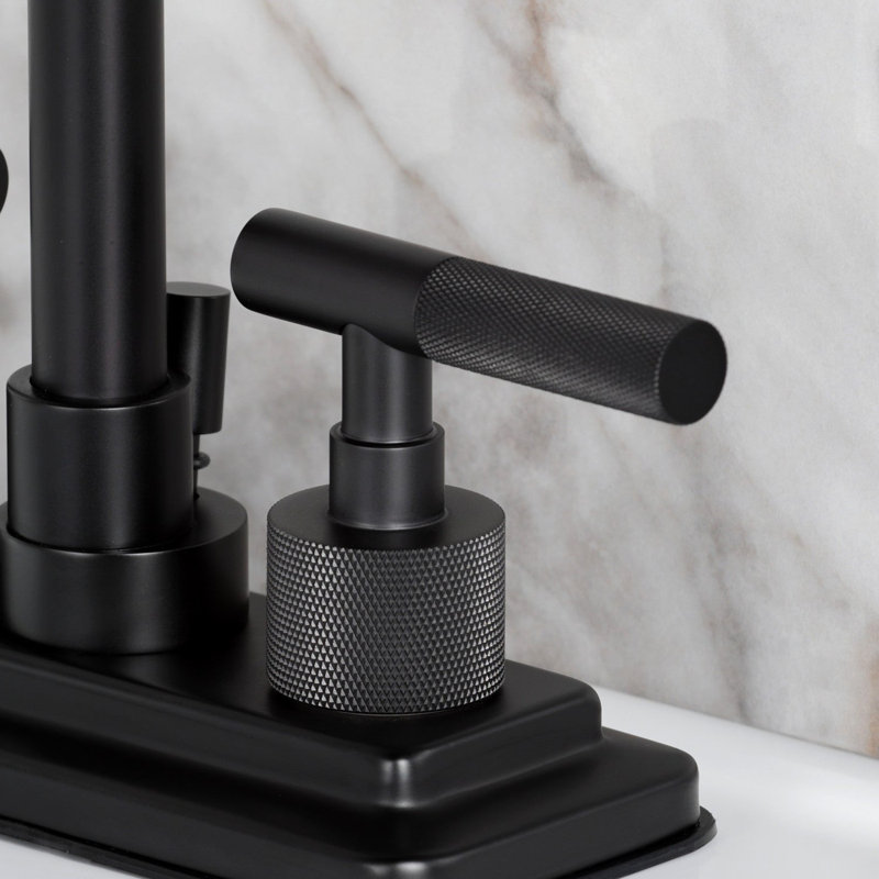 Kingston Brass Convergent Two-Handle 3-Hole Deck Mount 4" Centerset Bathroom Faucet With Knurled Handle And Brass Pop-Up Drain