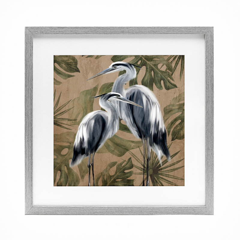 Deux hérons sur feuilles tropicales, reproduction encadrée sous verre, conception de Kim Allen, H 16 po x l 16 po