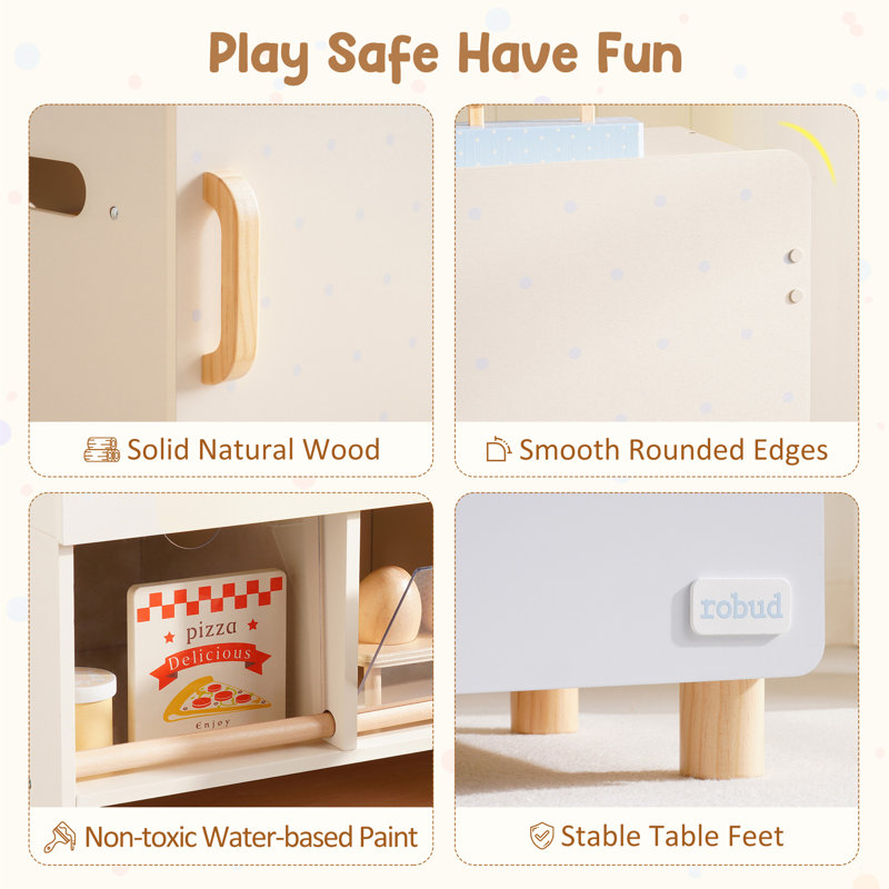  Aslee Wooden Toy Fridge for Kids, Realistic Play Fridge with Freezer, Blackboard, Egg & Ice Cream Accessories