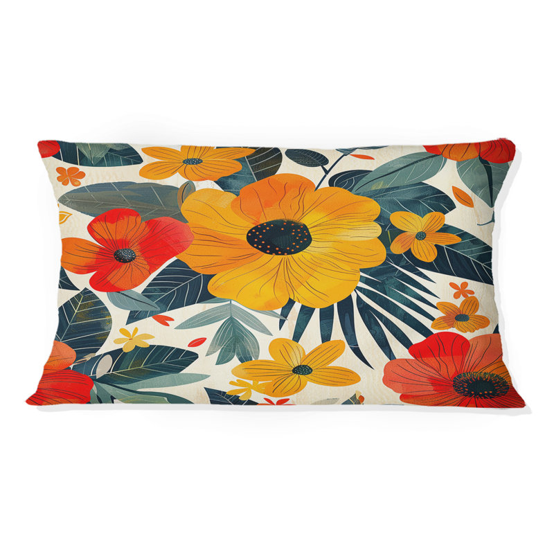 Coussin lombaire fleurs jaunes et orange Midcentury II