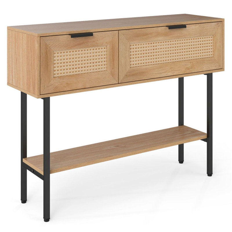 Console en rotin naturel avec armoires de rangement à tablette ouverte en acier au carbone de 40 pouces, Naturel