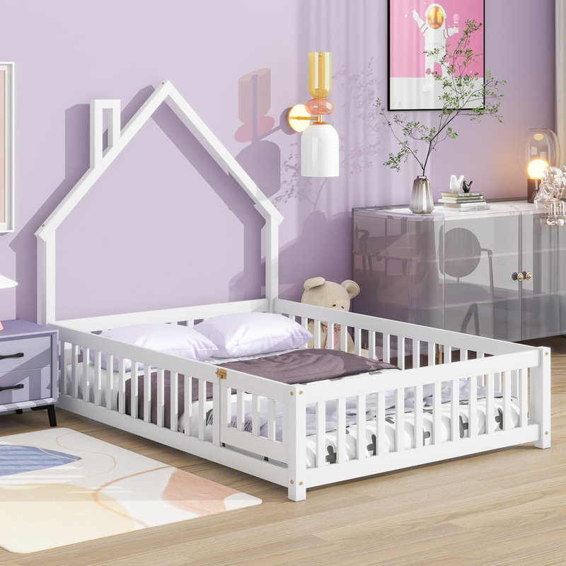 Lit de tête de lit sur le toit avec garde-corps pour lit d'enfant Lit pour enfant sans lattes Montessori , Lit simple, Blanc