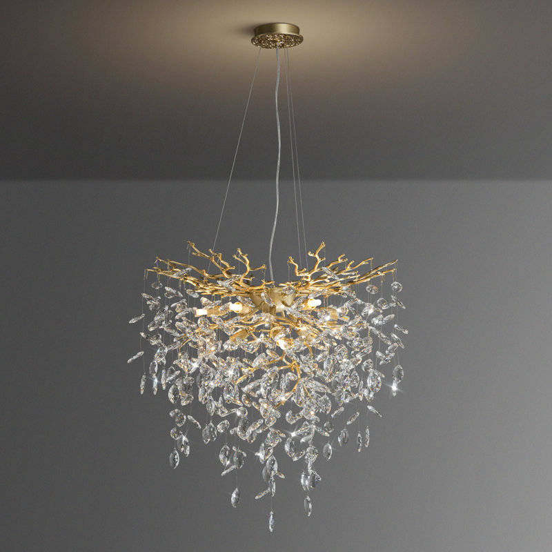 Lustre moderne en cristal chromé à 8 lumières avec une branche d'arbre, Doré, H 27,56 po x l 23,62 po x P 23,62 po