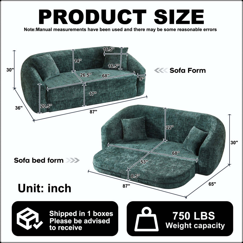 Canapé-lit courbé convertible 2-en-1 de 87 po avec tissu chenille, Chenille verte