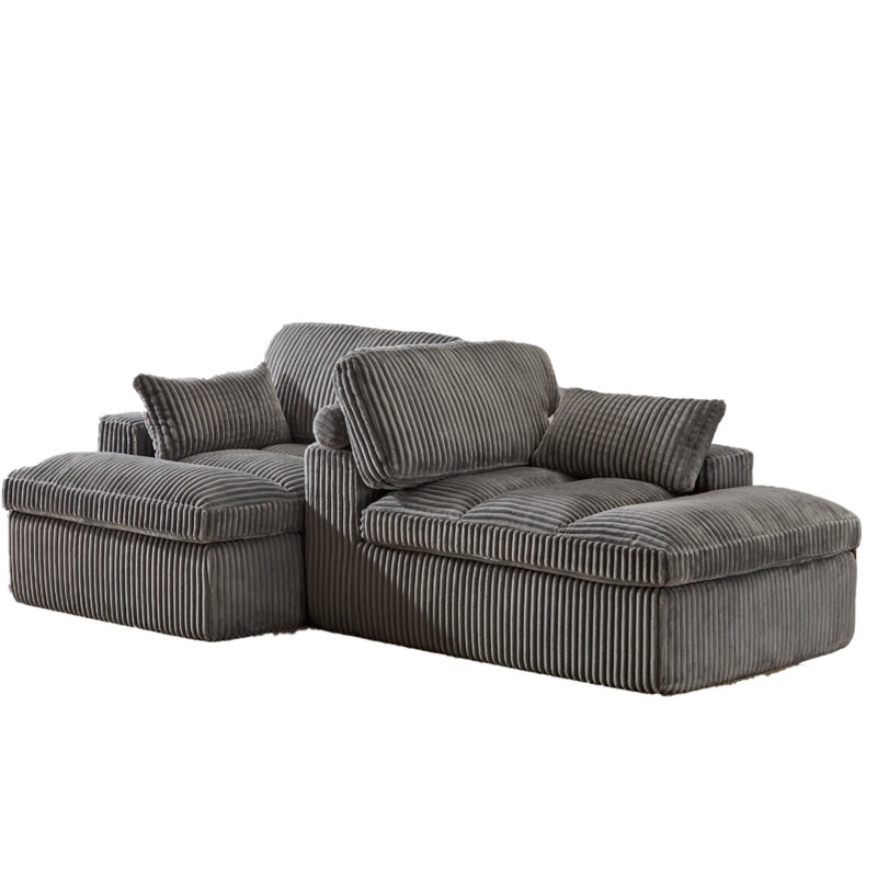 Chaise longue double en velours côtelé gris, canapé-lit Cloud de 74 po, siège profond sans assemblage avec garniture cloutée en cuivre